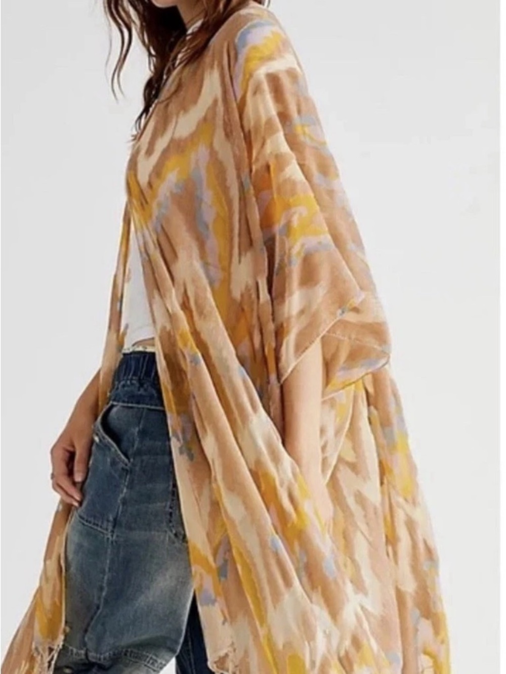 Free People Mellow Yellow Dripping Burnout Velvet Kimono Duster O/S Boho Hippie